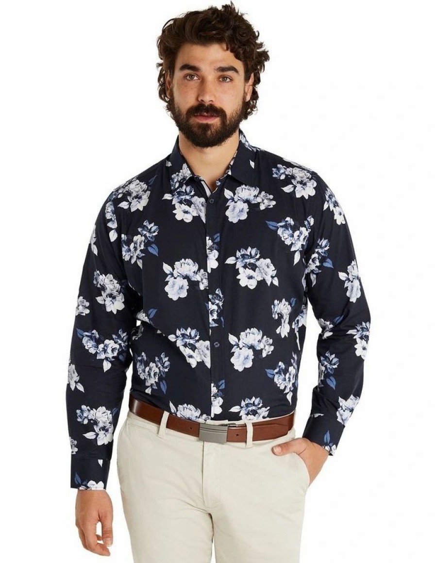 Big & Tall * | Johnny Bigg Cheap Adam Floral Print Shirt In Navy