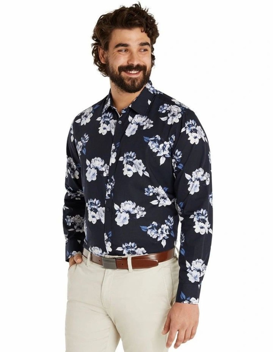 Big & Tall * | Johnny Bigg Cheap Adam Floral Print Shirt In Navy