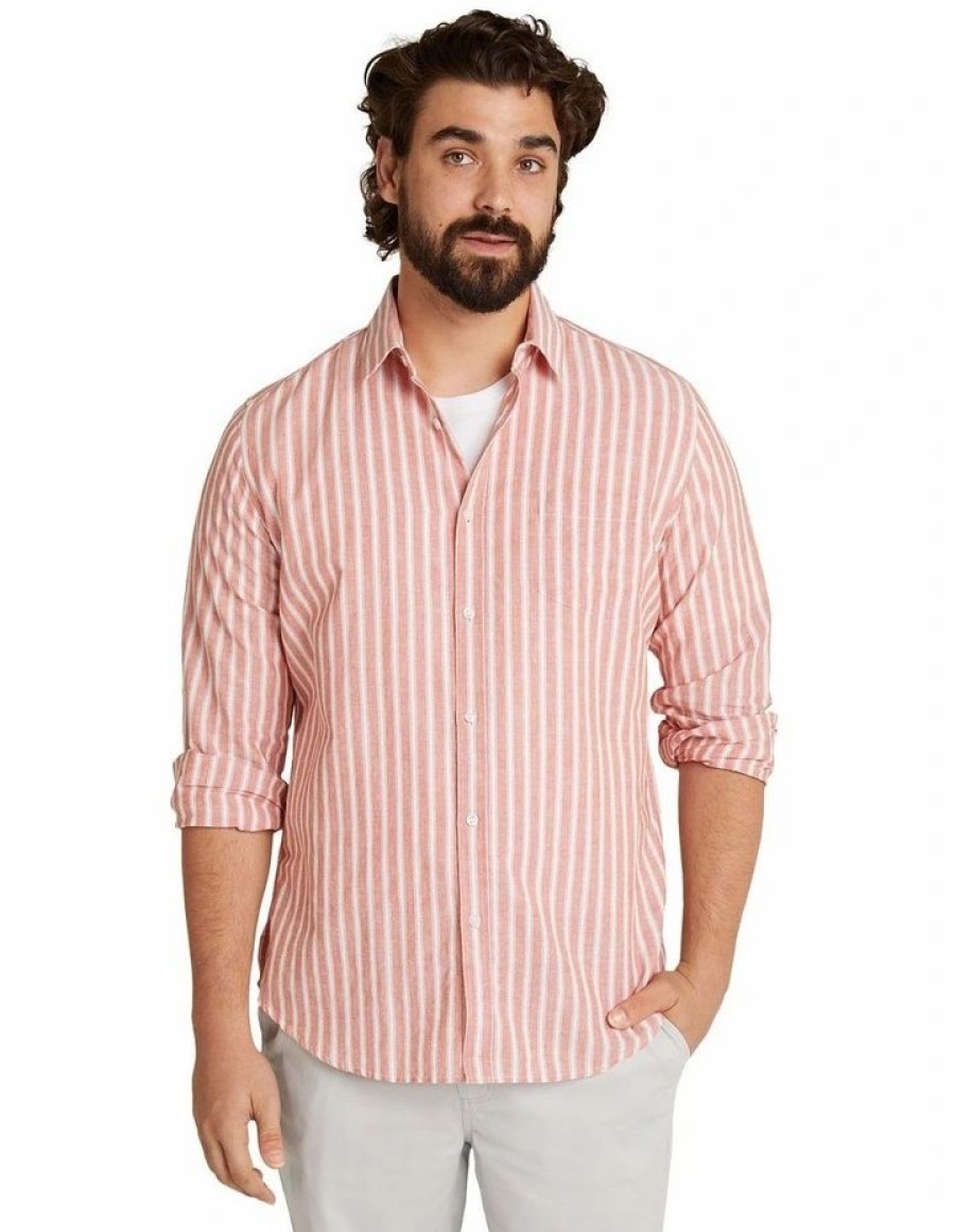 Big & Tall * | Johnny Bigg Official Dane Stripe Linen Shirt In Terracotta Rust