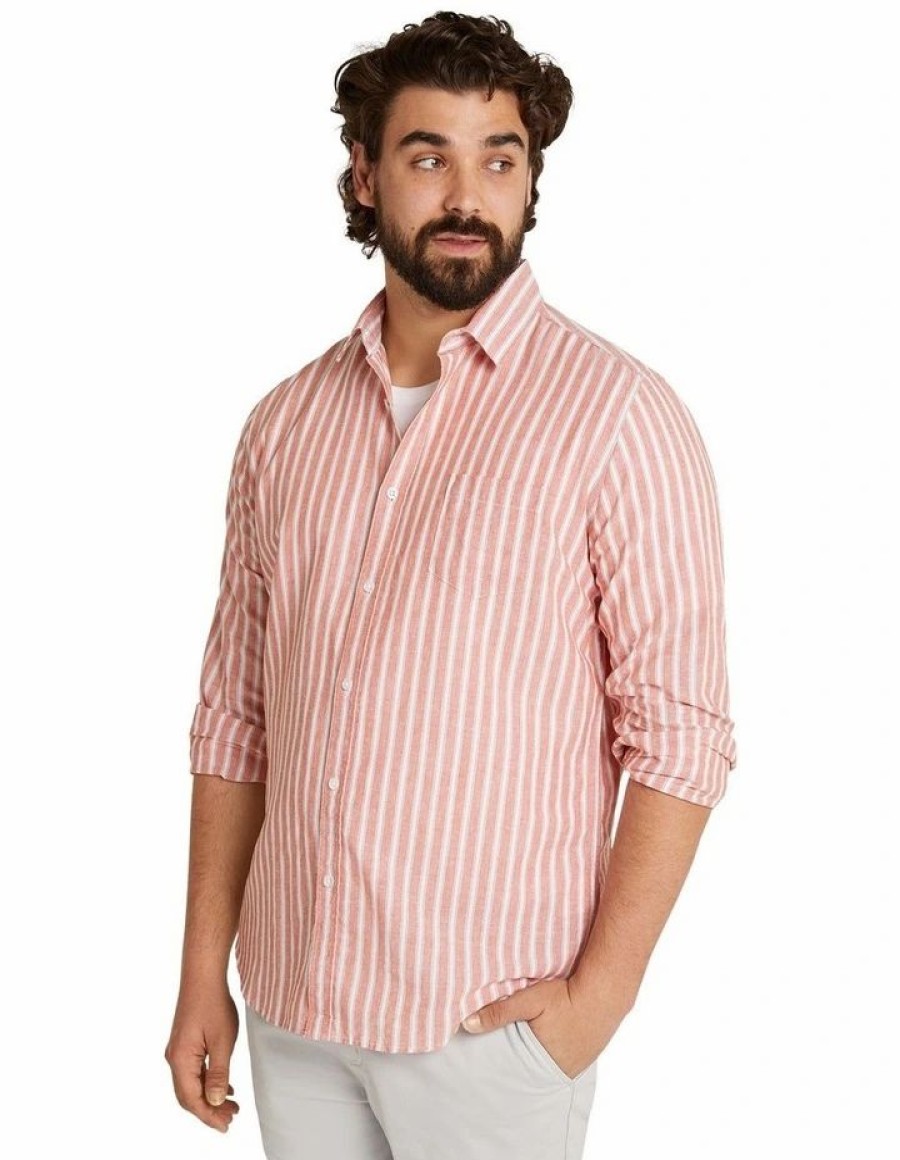 Big & Tall * | Johnny Bigg Official Dane Stripe Linen Shirt In Terracotta Rust