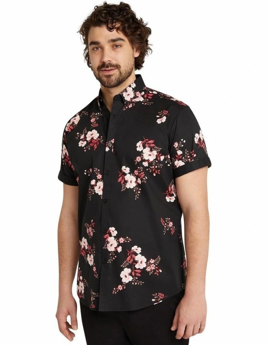 Big & Tall * | Johnny Bigg Typical Style Clive Floral Print Stretch Shirt In Black